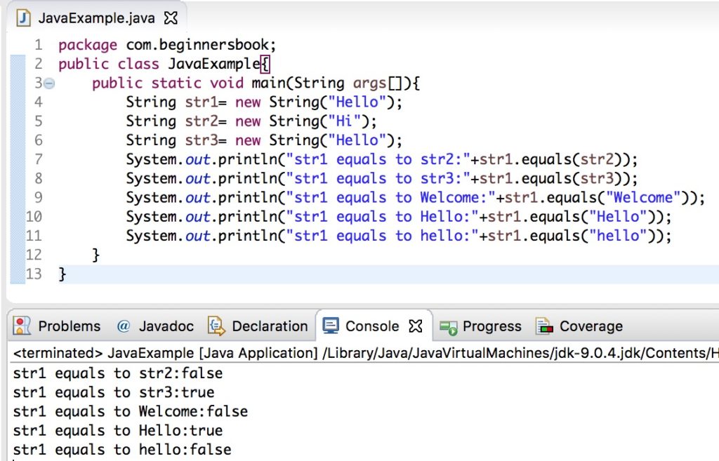 Java String equals() and equalsIgnoreCase() Methods example