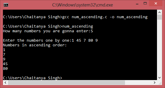 C Program To Arrange Numbers In Ascending Order