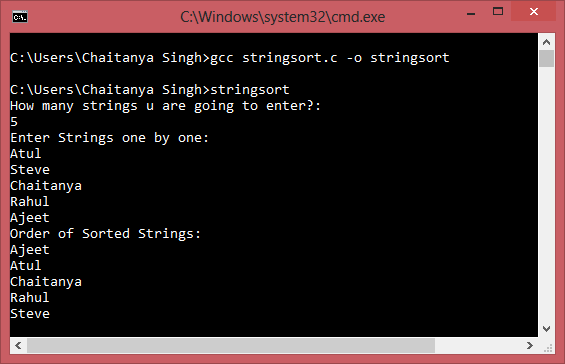 c table of strings alphabetical strings to in order of set Program Sort C