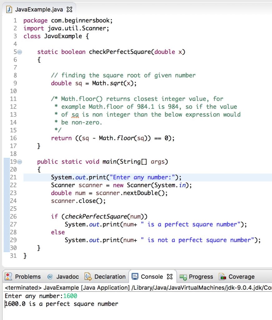 Java Program to check perfect square
