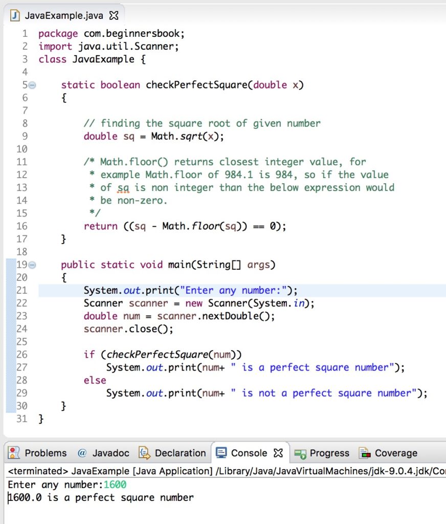 Java Program To Check If Given Number Is Perfect Square