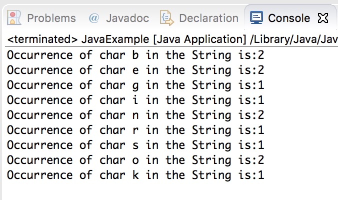 Java program to find the occurrence of a character in a string