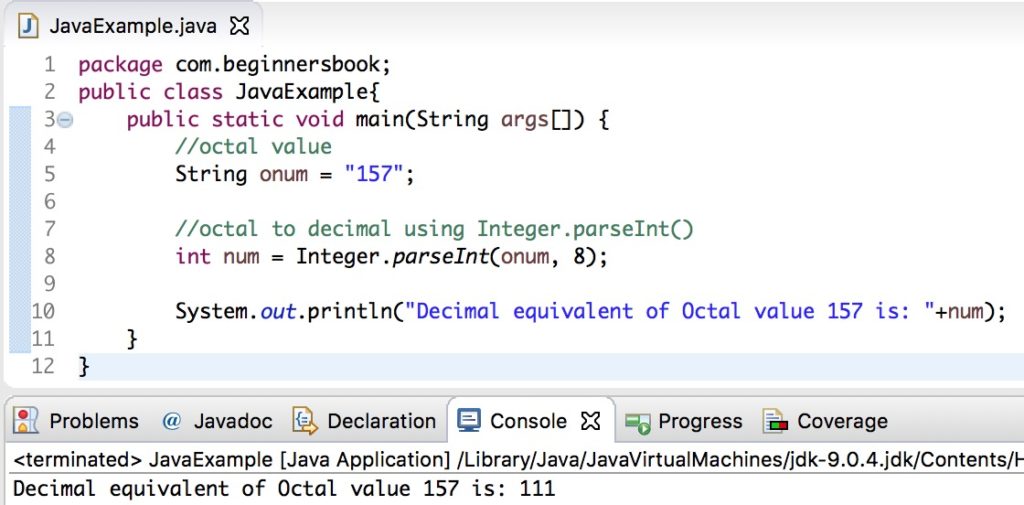 Java octal to decimal conversion example