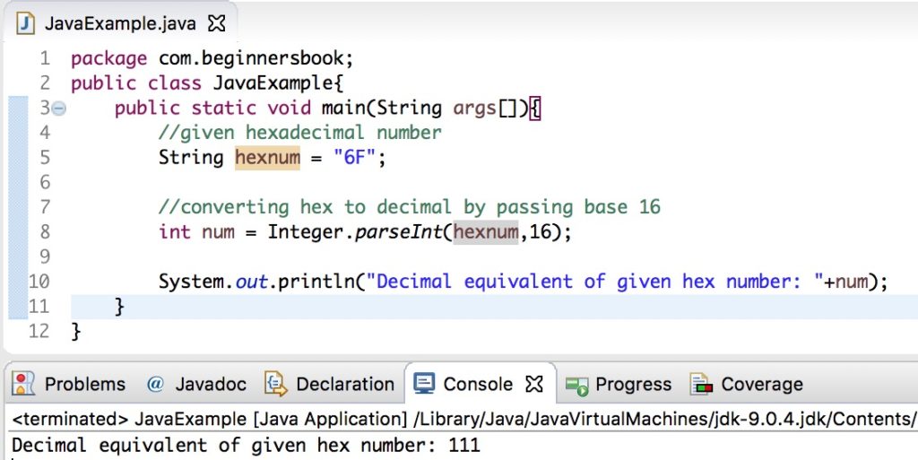 Java hexadecimal to decimal example