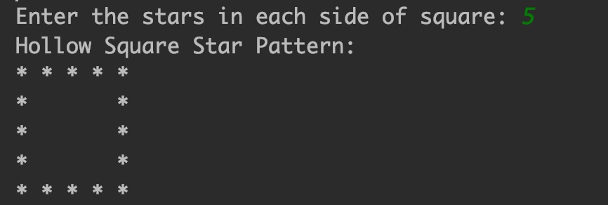 Print hollow square star pattern in java