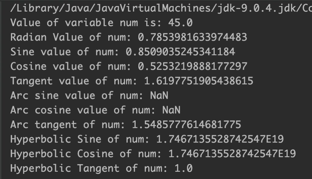 Java Math class trigonometric methods example output